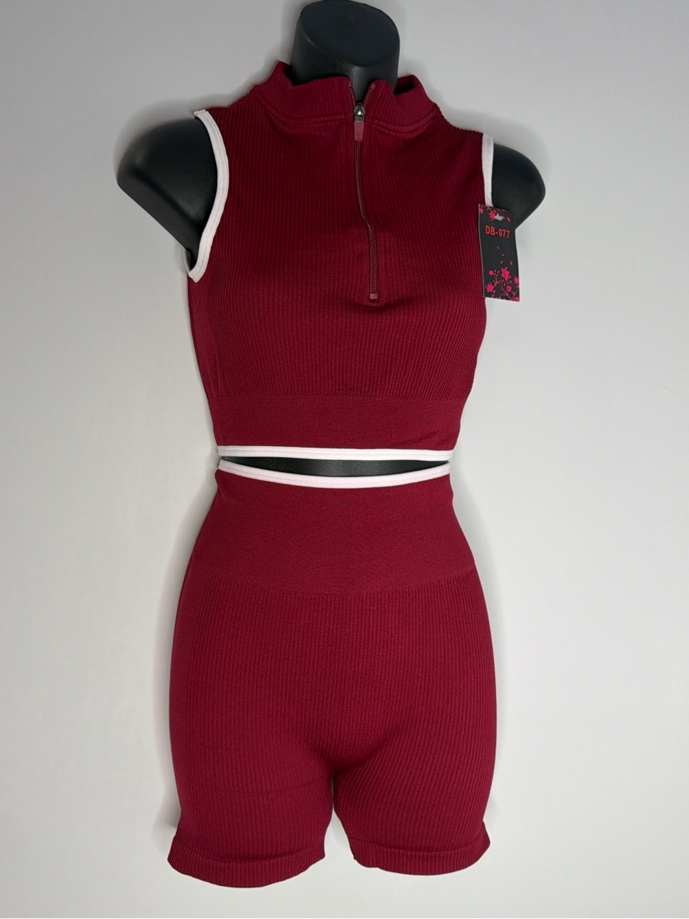 Ribbed Mock-Neck Sports Bra in Burgundy with White Trim